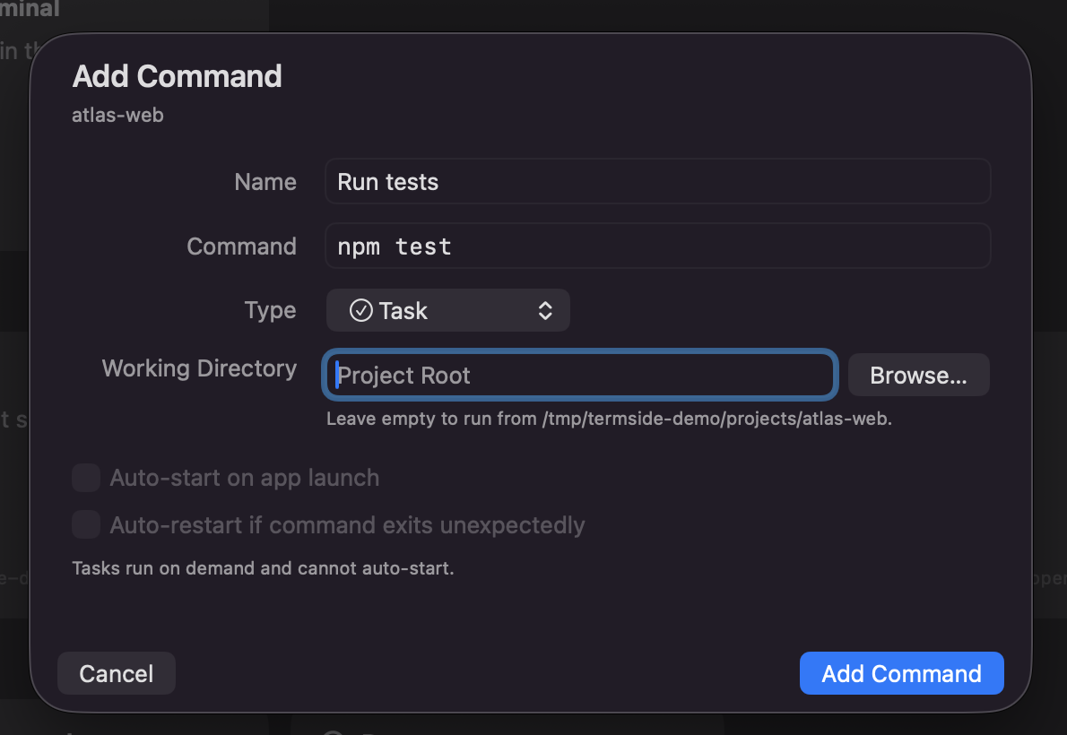 The Add Command dialog saving an npm test task with auto-start and auto-restart options