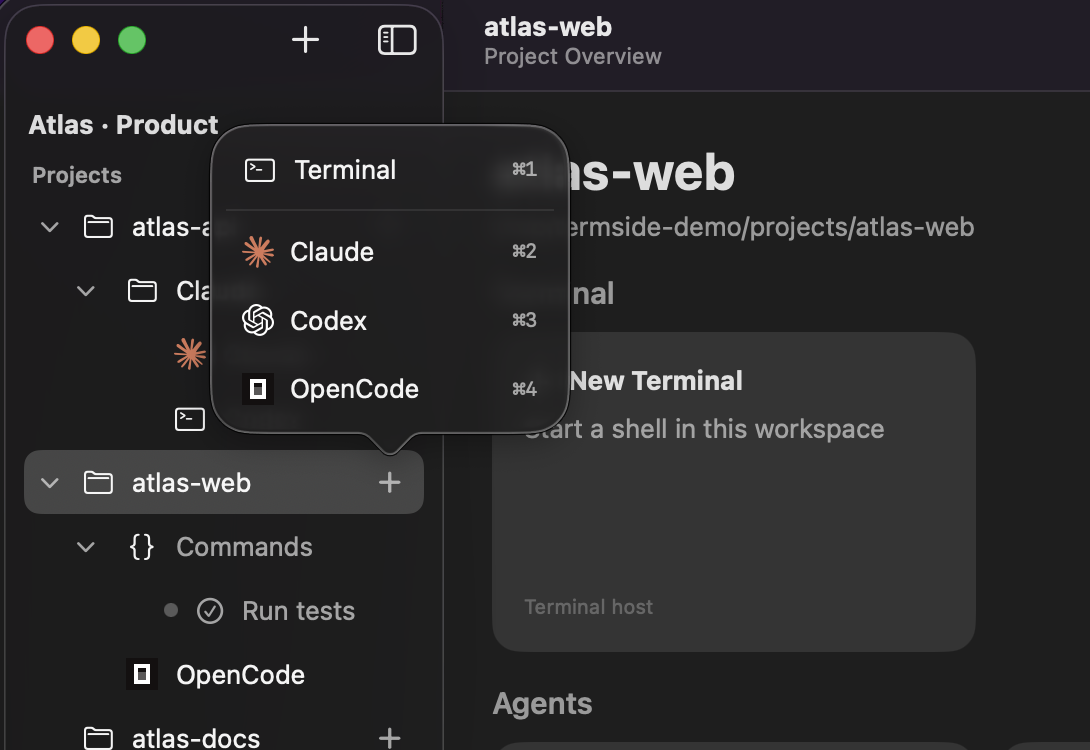 The sidebar launcher menu offering Terminal, Claude, Codex, and OpenCode with ⌘1 to ⌘4 shortcuts