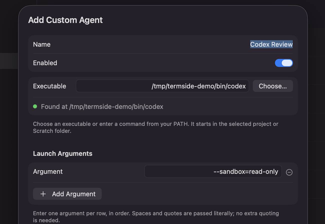 The Add Custom Agent form in Settings with a name, an executable path, and a launch argument